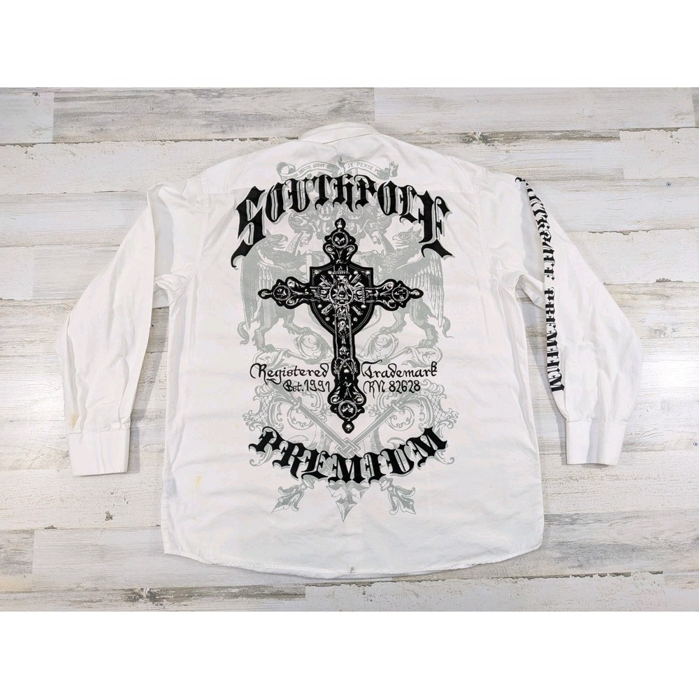 Vintage Southpole Premium Shirt XXL Pearl Snap Graphic Jewelled Cross White